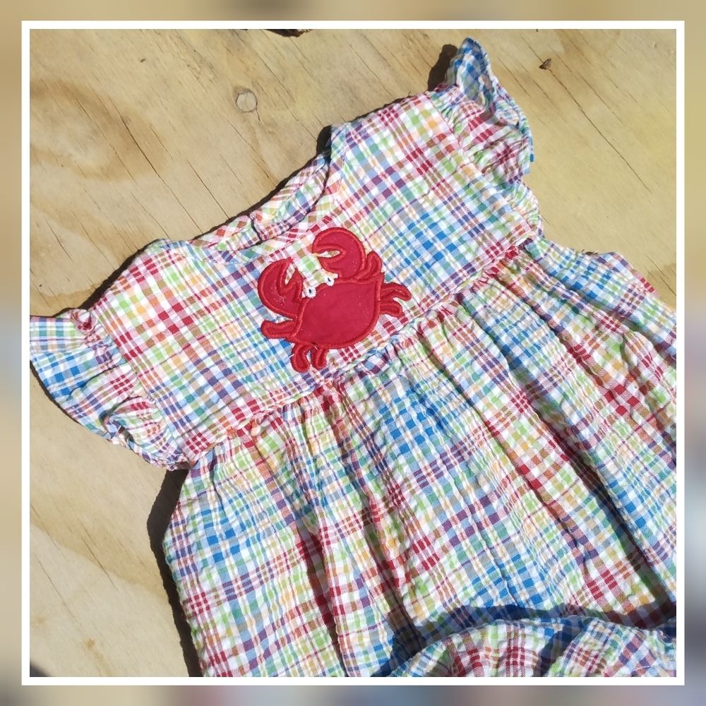 Petit Pomme Girl Plaid Crab Angel-Sleeve Seersucker Bubble Romper